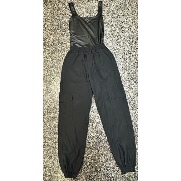 Black Jogger and Leather Bodysuit - Stylish Activewear Set - Picture 1 of 4